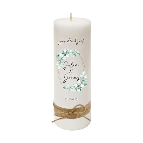 MilaBoo® Hochzeitskerze personalisiert in 8x25cm I Traukerze beidseitig bedruckt in Farbe I Hochzeitsgeschenk für Brautpaar Made in Germany (Eukalyptus 2) von Milaboo