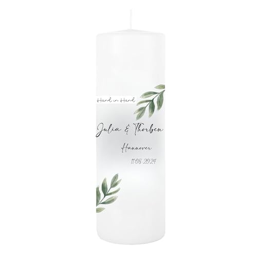 MilaBoo® Hochzeitskerze personalisiert in 8x25cm I Traukerze beidseitig bedruckt in Farbe I Hochzeitsgeschenk für Brautpaar Made in Germany (Hand in Hand) von Milaboo