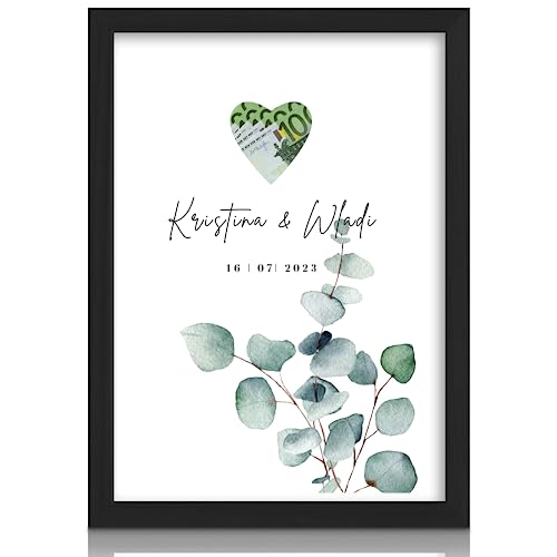 MilaBoo® Personalisierbar Geldgeschenk für Hochzeiten -Eukalyptus mit ausgestanzten Herzen mit Rahmen auf Hahnemühlen Papier Made in Germany A3 A4 A5 - Poster im braunen Umschlag von Milaboo