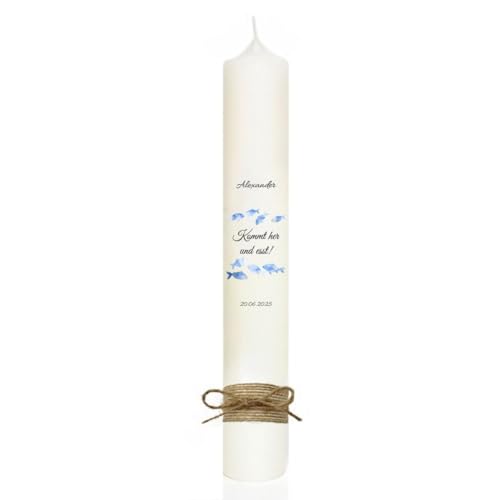 MilaBoo® personalisierte Kommunionkerze I 40 x 4 cm premium Kerze mit RAL I beidseitig bedruckt in Farbe I Made In Germany (Fische blau) von Milaboo