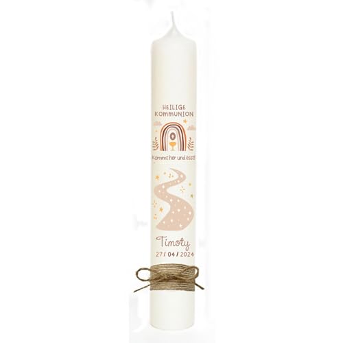 MilaBoo® personalisierte Kommunionkerze I 40 x 4 cm premium Kerze mit RAL - Zertifizierung I beidseitig bedruckt in Farbe I Made In Germany (beige) von Milaboo