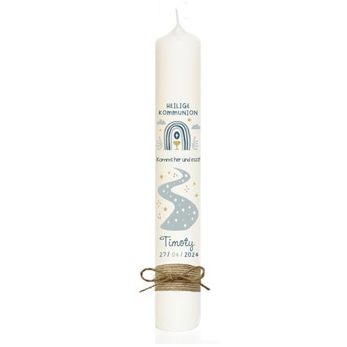 MilaBoo® personalisierte Kommunionkerze I 40 x 4 cm premium Kerze mit RAL - Zertifizierung I beidseitig bedruckt in Farbe I Made In Germany (blau 3) von Milaboo