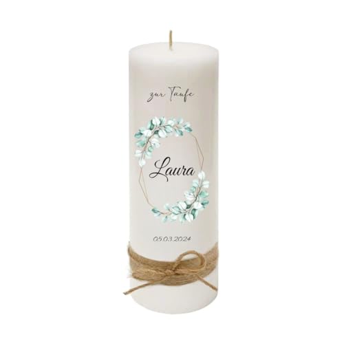 MilaBoo® personalisierte Taufkerze I 25 x 8 cm Premium Kerze beidseitig bedruckt in Farbe I Made In Germany (Eukalyptus 3) von Milaboo