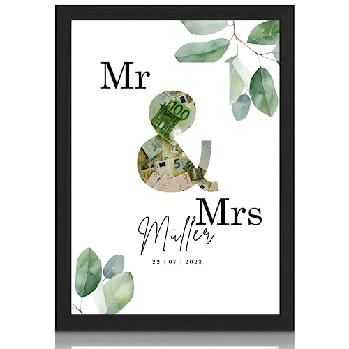 MilaBoo® personalisiertes Geldgeschenk Hochzeit - Mr&Mrs Geldgeschenk mit ausgestanztem & zum Geldverschenken mit Rahmen auf Hahnemühlen Papier Made in Germany A3 A4 A5 - Poster im braunen Umschlag von Milaboo