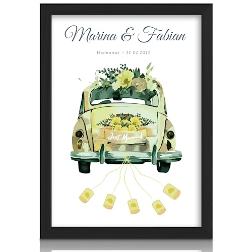 MilaBoo® personalisiertes Geldgeschenk Hochzeit - Oldtimer Just Married - rosa oder grün mit Rahmen - Hahnemühlen Papier Made in Germany A3 A4 A5 - Poster im braunen Umschlag von Milaboo