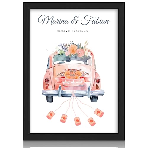MilaBoo® personalisiertes Geldgeschenk Hochzeit - Oldtimer Just Married mit 5 Dosen - rosa oder grün mit Rahmen - Hahnemühlen Papier Made in Germany A3 A4 A5 Poster im braunen Umschlag von Milaboo