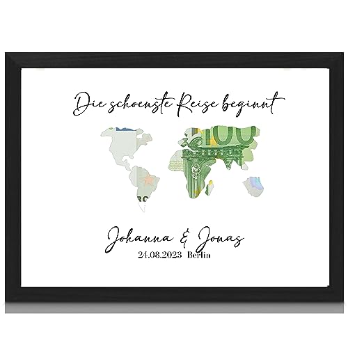 MilaBoo® personalisiertes Geldgeschenk Hochzeit - Weltreise Geldgeschenk mit ausgestanztem & zum Geldverschenken mit Rahmen auf Hahnemühlen Papier Made in Germany A3 A4 A5 - Poster im braunen Umschlag von Milaboo
