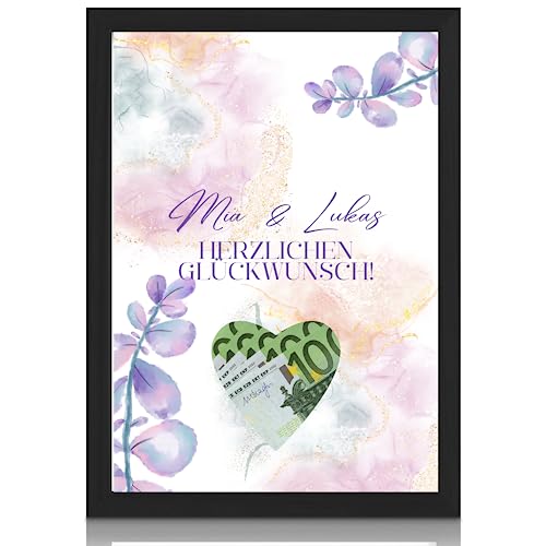 MilaBoo® personalisiertes Geldgeschenk Hochzeit - lila Hochzeitsbild mit ausgestanzten Herzen mit Rahmen auf Hahnemühlen Papier Made in Germany A3 A4 A5 (Herzgeschenk) von Milaboo