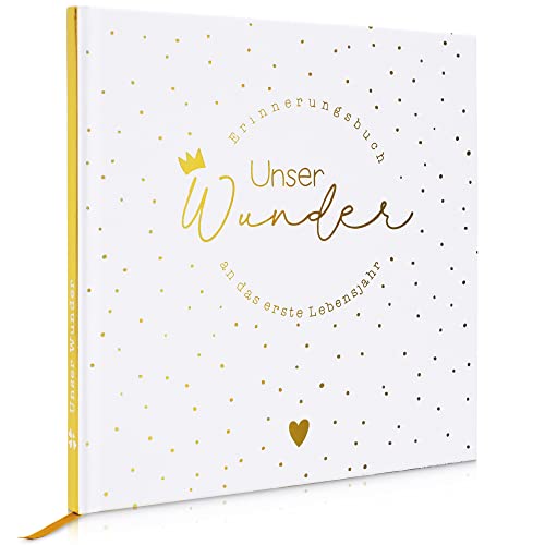 MilaBoo® Unser Wunder Erinnerungsbuch Hardcover Gold I Liebevoll gestaltetes Babyalbum für das erste Jahr I besonderes Geschenk zur Geburt von Milaboo