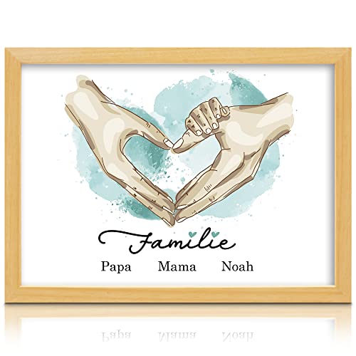 Milaboo® Familienposter personalisiert Herzhände A4 I besonderes Geschenk zur Geburt, Taufe, Mama, Papa, Oma und Opa I (3 Hände blau Ohne Bilderrahmen) von Milaboo
