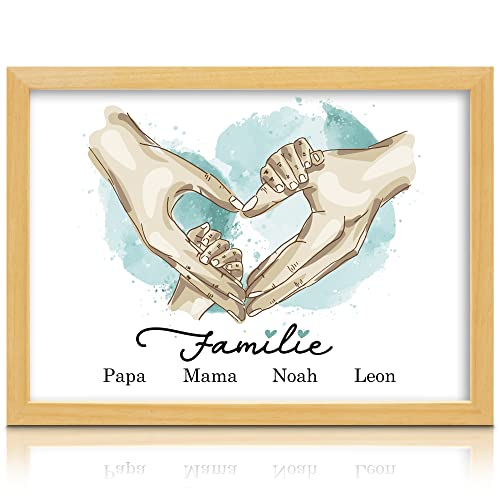 Milaboo® Familienposter personalisiert Herzhände A4 I besonderes Geschenk zur Geburt, Taufe, Mama, Papa, Oma und Opa I (4 Hände blau Ohne Bilderrahmen) von Milaboo