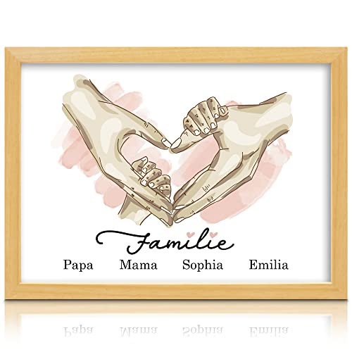 Milaboo® Familienposter personalisiert Herzhände A4 I besonderes Geschenk zur Geburt, Taufe, Mama, Papa, Oma und Opa I (4 Hände rosa Ohne Bilderrahmen) von Milaboo