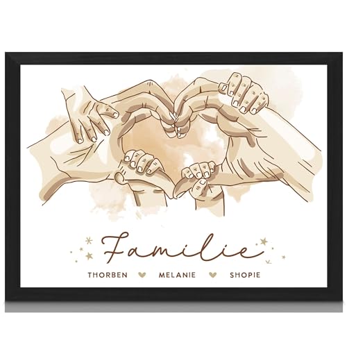 Milaboo® Familienposter personalisiert Herzhände I besonderes Geschenk zur Geburt, Taufe, Mama, Papa, Oma und Opa (beige) von Milaboo