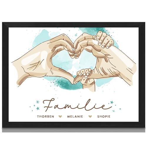 Milaboo® Familienposter personalisiert Herzhände I besonderes Geschenk zur Geburt, Taufe, Mama, Papa, Oma und Opa (blau) von Milaboo