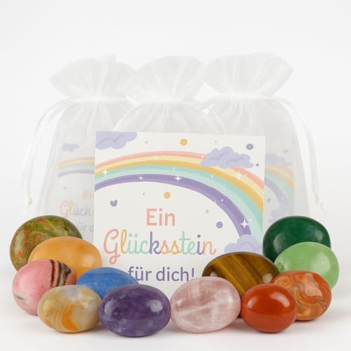 Milaboo® Glückssteine Set – 12x kleine Edelsteine mit Karte „EIN Glücksstein für Dich“ – Gastgeschenk Kindergeburtstag, Mitgebsel, Mutstein Einschulung, Schmunzelstein (EIN Glücksstein für Dich) von Milaboo