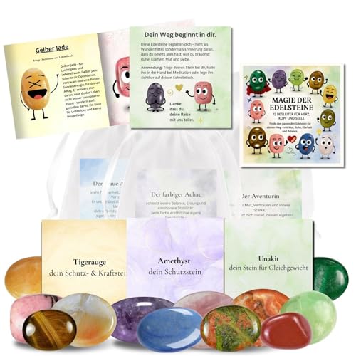 Milaboo® Magie der Edelsteine – 12x Glückssteine mit Bedeutung & Karte im Organzasäckchen – Set mit Broschüre – Mutstein, Schutzstein, Geschenk für Kinder & Erwachsene von Milaboo
