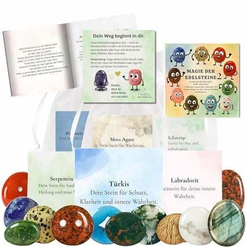 Milaboo® Magie der Edelsteine 2 – 12x Glückssteine mit Bedeutung & Karte im Organzasäckchen – Set mit Broschüre – Geschenk für Kinder & Erwachsene (Magie der Edelsteine 2) von Milaboo