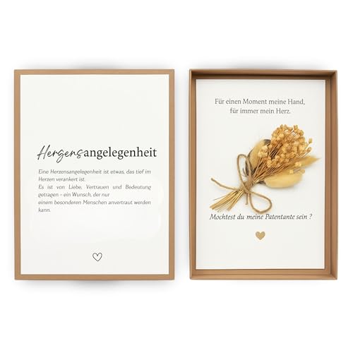 Milaboo® Handgefertigte Geschenkbox zur Patentante-Frage mit echtem Trockenblumenstrauß – Persönliches Andenken & liebevolle Geste – Stülpbox in Naturfarbe (Blumenstrauß) von Milaboo