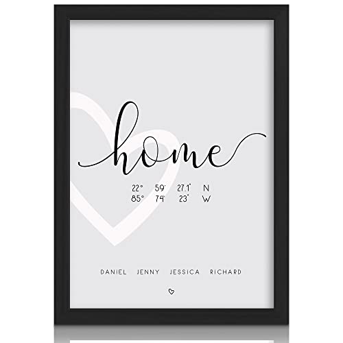 Milaboo® Personalisiertes Familienposter Home mit Koordinaten I Besonderes Einweihungsgeschenk Haus oder Wohnung (Ohne Bilderrahmen Haus 1) von Milaboo