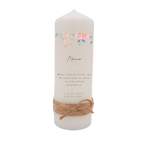 Milaboo® Trauerkerze personalisiert mit Band und Schleife I Erinnerung an geliebte Menschen I 20 x 8 cm Kerze I Andenken an verstorbene und Geschenk für trauernde (Blume 2) von Milaboo