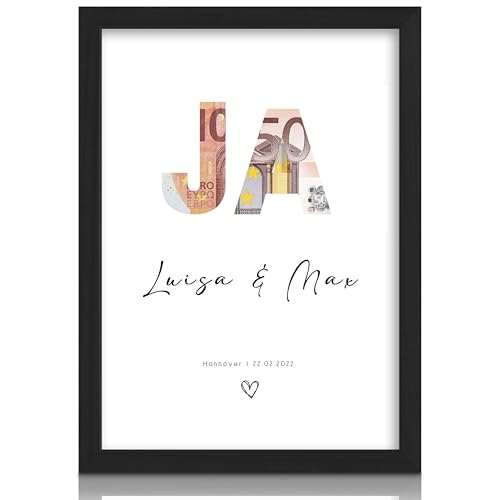 Milaboo® personalisiertes Geldgeschenk Hochzeit - JA ausgestanzt zum Geldverschenken mit Rahmen auf Hahnemühlen Papier Made in Germany A3 A4 A5 Poster im braunen Umschlag von Milaboo