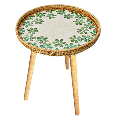 Milageto Rattan-Beistelltisch mit Muscheleinlagen, Endtisch, einfach zu bedienendes Ornament, runder Couchtisch, Nachttisch für Wohnzimmer, Balkon, Vierblättriges Milageto Rattan-Beistelltisch mit Muscheleinlagen, Endtisch, einfach zu bedienendes Ornament, runder Couchtisch, Nachttisch für Wohnzimmer, Balkon, Vierblättriges von Milageto