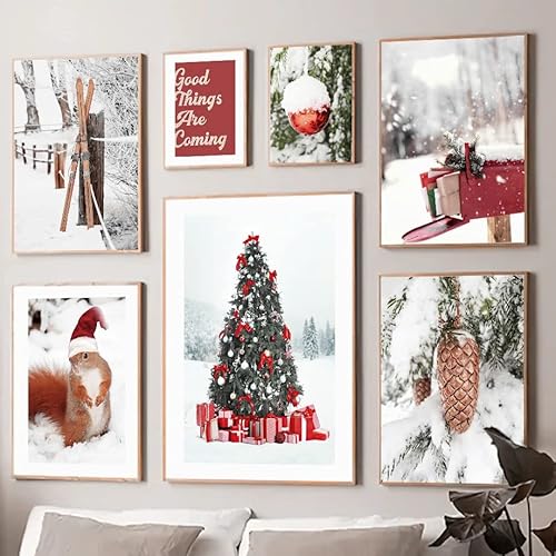 Nordische Landschaft Bild Leinwand Gemälde Wandkunst Schnee Santa Hut Kiefer Poster und Druck für modernes Zuhause Wohnzimmer Weihnachtsdekoration (B, 50 x 70 cm, ohne Rahmen) von Milaiart