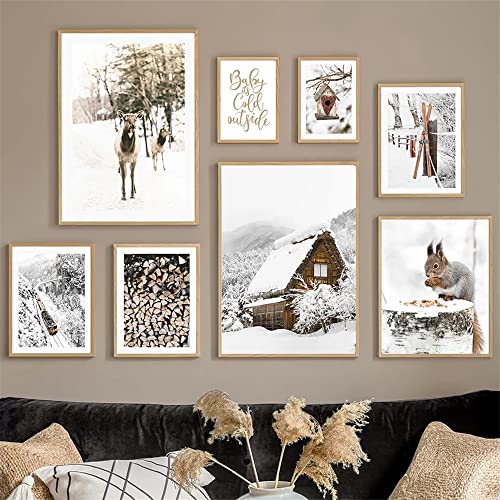 Nordische Winter-Schneelandschaft, Poster, Wandkunst, Leinwandgemälde, modernes Elch, Kiefernholz, Hausbild, Heimdekoration, Drucke für Wohnzimmer (D, 40 x 50 cm, ohne Rahmen) von Milaiart