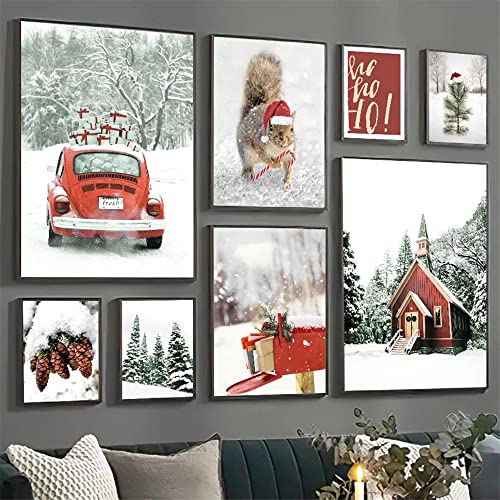 Winter-Schnee-Landschaft, Bild, Wandkunst, Leinwand, Gemälde, roter Weihnachtsmannhut, Kiefern, Elch, Poster und Druck, Weihnachten, Zuhause, Innenraumdekoration (B, 21 x 30 cm, ohne Rahmen) von Milaiart