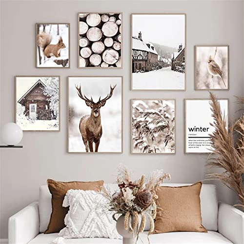 Winterlandschaft Bild Leinwand Gemälde Wandkunst Elch Holz Feld Landschaft Poster und Druck für moderne Wohnkultur (B, 40 x 50 cm, ohne Rahmen) von Milaiart