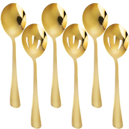 6-teilige Gold Servierlöffel Set 22cm, beinhaltet 3 Servierlöffel und 3 geschlitzte Löffel, Edelstahl Buffet Bankett Löffel, große Löffel Utensilien Besteck Set von Milaloko