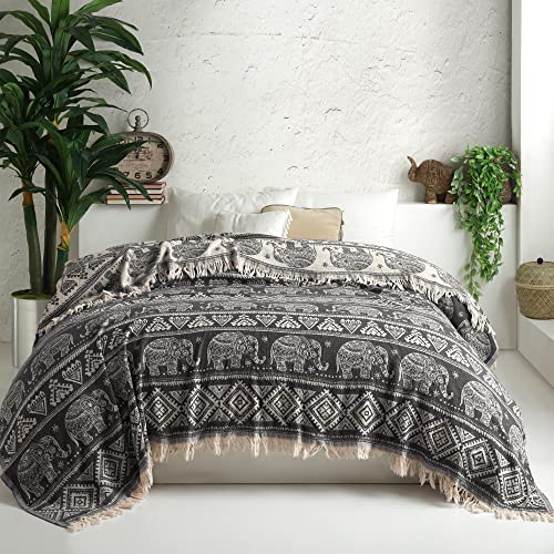 Milam London 100% Baumwolle Bohemian King Size Tagesdecke Bett Sofa Überwurf mit Quasten Reversible Boho Decke Elefantenmuster 220 x 240 cm Grau - Anthrazit von Milam London