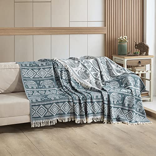 Milam London 100% Baumwolle Bohemian King Size Tagesdecke Bett Sofa Überwurf mit Quasten Reversible Boho Decke Elefantenmuster 220 x 240 cm Blaugrün Blau von Milam London