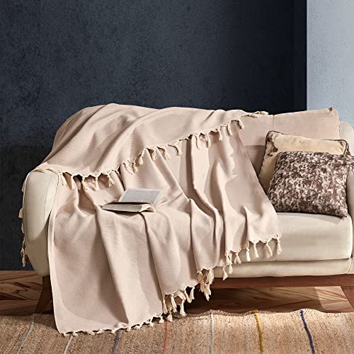 Milam London Überwurf aus 100 % Baumwolle, groß, Fischgrätenmuster, für Sofa, Doppelbett, Sessel, Sofa, Tagesdecke, 170 x 230 cm, Beige von Milam London