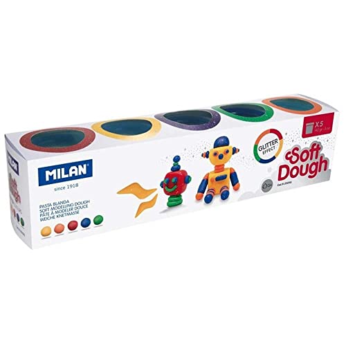 MILAN 913505G Caja 5 frascos Glitter Soft Dough, Glitzerfarben, 5 botes 142gr, 142 Gramm von Milan
