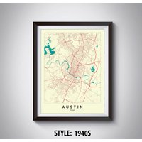 Austin Tx Map Print 1940S Style Reiseposter, Büro Wandkunst von MilesToGoMaps