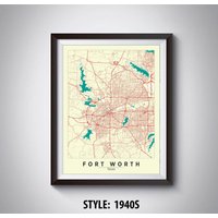 Fort Worth Map Print Texas Reiseposter, Bürowand, Kunst von MilesToGoMaps