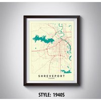 Shreveport La Map Kunstdruck Reiseposter Im Vintage Stil von MilesToGoMaps