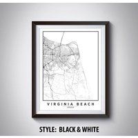 Virginia Beach Map Kunstdruck Schwarz-Weiße Straßenkarte von MilesToGoMaps