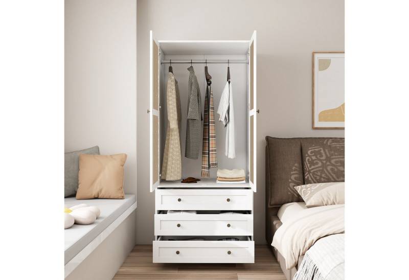 MilestoneHOMELIFE Schubkastenkommode Boho-Kommode weiß: 3 Schubladen + Rattangeflecht, 70cm, Garderobenschrank mit Alu-Stange, durchbrochene Schnitzmuster von MilestoneHOMELIFE