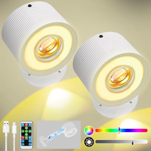 Akku wandleuchte innen 2 Stück,Wandlampe Wandlichter ohne stromanschluss,4 Helligkeitsstufen 7 Farbmodi Nachttischlampe akku ,360° Drehbare Touch Control Leuchten Für Kinder Wohnzimmer Schlafzimmer von Milfra