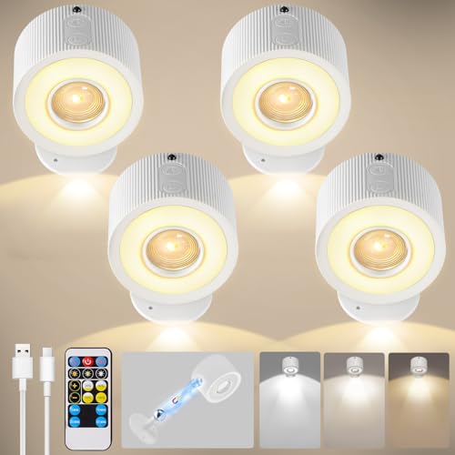 LED Wandleuchte Innen 4 Stück,Wandlampe Wandlichter ohne stromanschluss,4 Helligkeitsstufen 3 Farbmodi Nachttischlampe akku ,360° Drehbare Touch Control Leuchten Für Kinder Wohnzimmer Schlafzimmer von Milfra