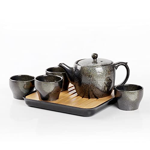 MiliPow China Tee Set, Schwarzes Porzellan Tee Set mit 1 Teekanne Set, 4 Teetassen, 1 Teetablett, 1 Edelstahl-Infuser, Schönes asiatisches Tee-Set für Teeliebhaber/Frauen/Männer von MiliPow