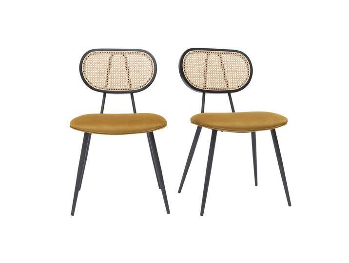 Design-Stühle aus bronzefarbenem Samtstoff, schwarzem Metall und naturfarbenem Rattangeflecht (2er-Set) TOLMA von Miliboo