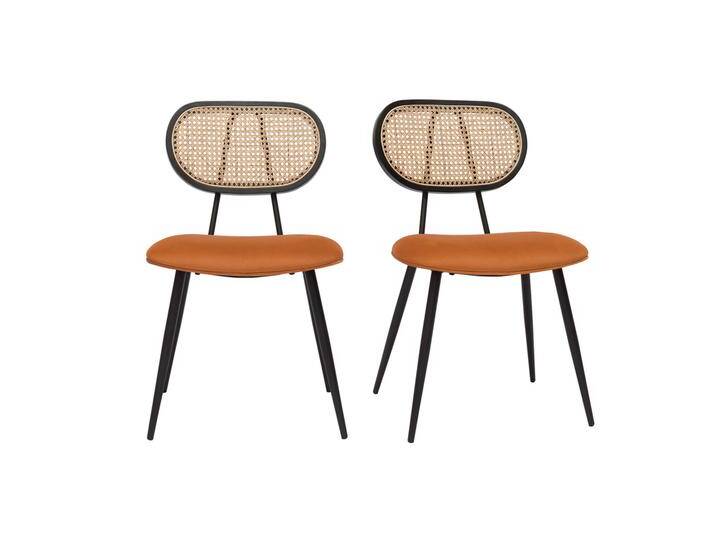 Design-Stühle aus rotbraunem Samtstoff, schwarzem Metall und naturfarbenem Rattangeflecht (2er-Set) TOLMA von Miliboo