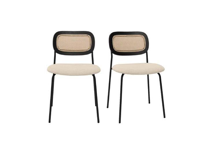 Designstühle aus beigem Textur-Veloursstoff, schwarzem Metall und Rattan-Geflecht (2er-Set) MIRANDA von Miliboo