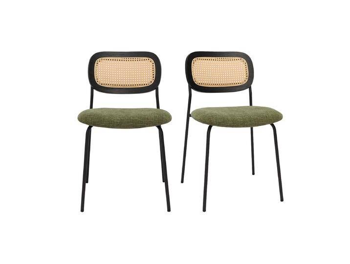 Designstühle aus grünem strukturiertem Samtstoff, schwarzem Metall und Rattan-Geflecht (2er-Set) MIRANDA von Miliboo