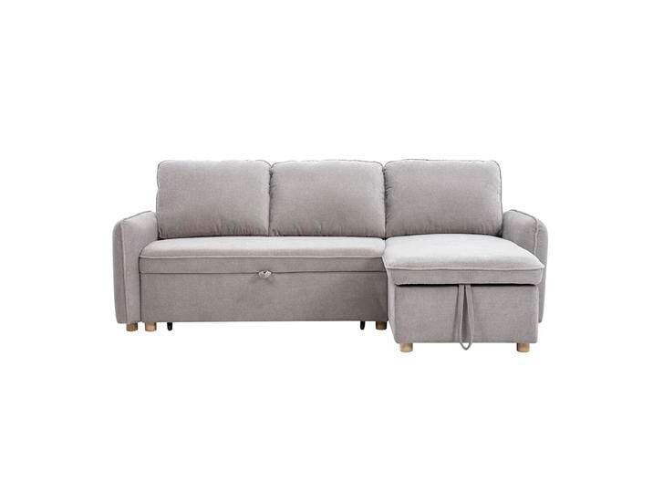 Ecksofa mit Schlaffunktion und umkehrbarer Abstellfläche 3-Sitzer in grauem Samt-Effekt Stoff und hellem Holz ORSO von Miliboo