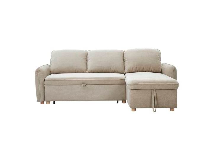 Ecksofa mit umkehrbarer Schlaffunktion und Stauraum, 3-Sitzer in strukturiertem Samt-Optik Stoff beige und hellem Holz ORSO von Miliboo