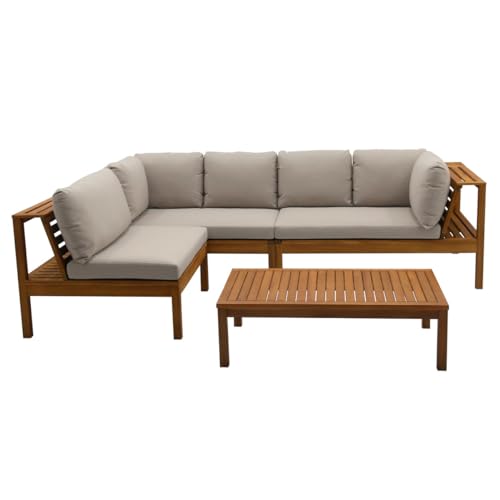Miliboo Belize Eck-Gartenmöbel, 6-Sitzer, Massivholz, mit abnehmbaren Kissen, Taupe von Miliboo
